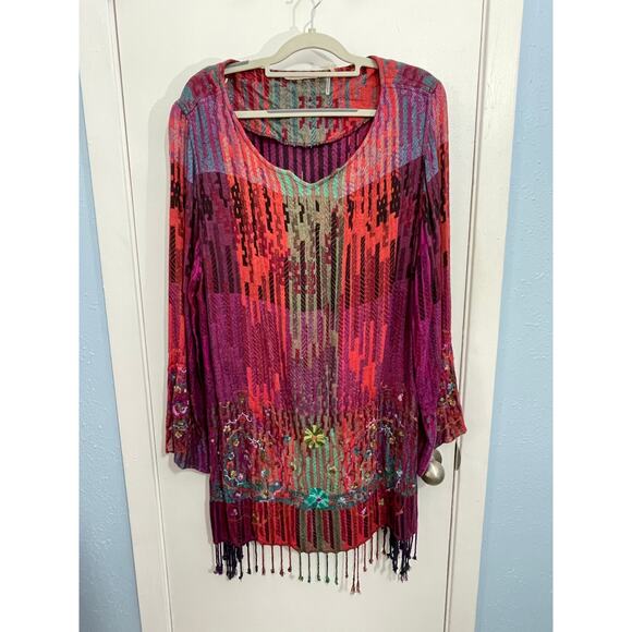 Soft Surroundings Tunic Blouse Large Red Tapestry Embroidered Fringe Boho - Picture 1 of 7